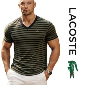 Lacoste Men’s Olive Black Stripe V-Neck 100% Cotton T-Shirt Made Peru - Sz L (5)